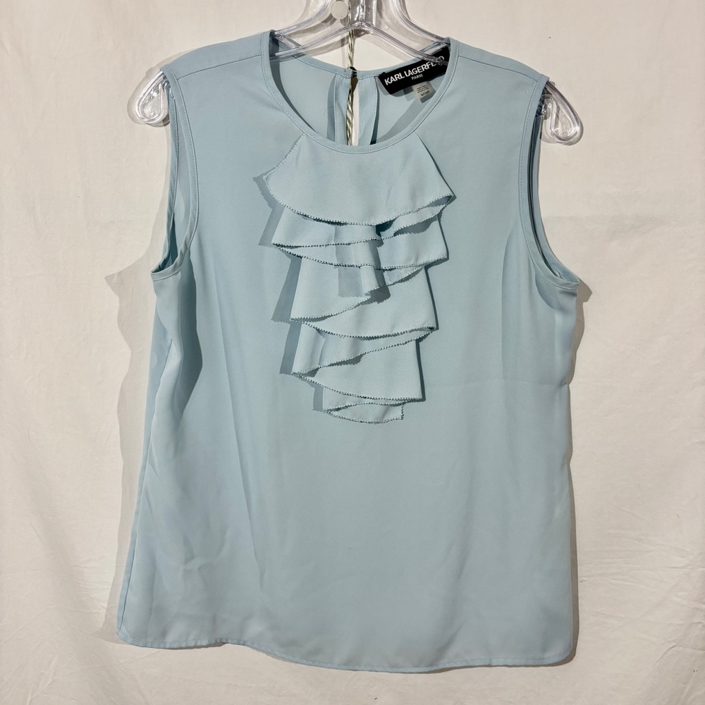 Karl Lagerfeld Light Blue Ruffle‎ Blouse with Button Back - Like New
